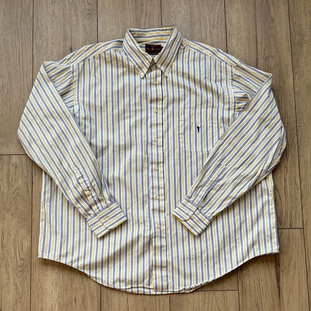 Daniel Cremieux Men’s Button Down Shirt 2XL Yellow Blue White Striped Golf Logo